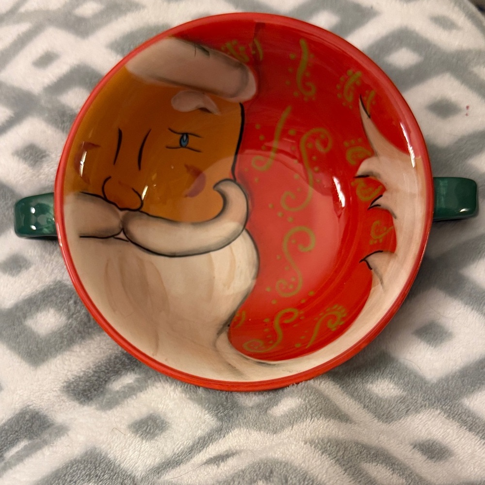 St. Nicholas by Artimino. Festive Santa Bowl with Green Handles. Ceramic